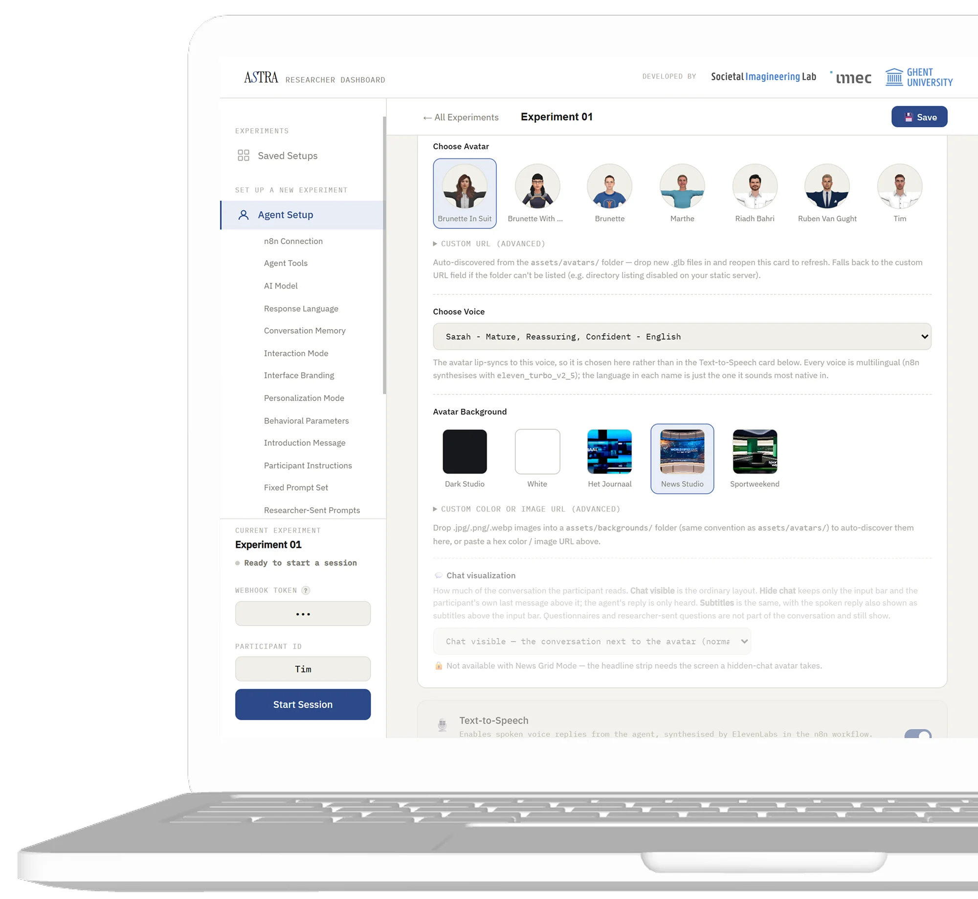 The Agent Setup page of the researcher dashboard: a row of avatars to choose from, a voice picker and a choice of studio backgrounds.