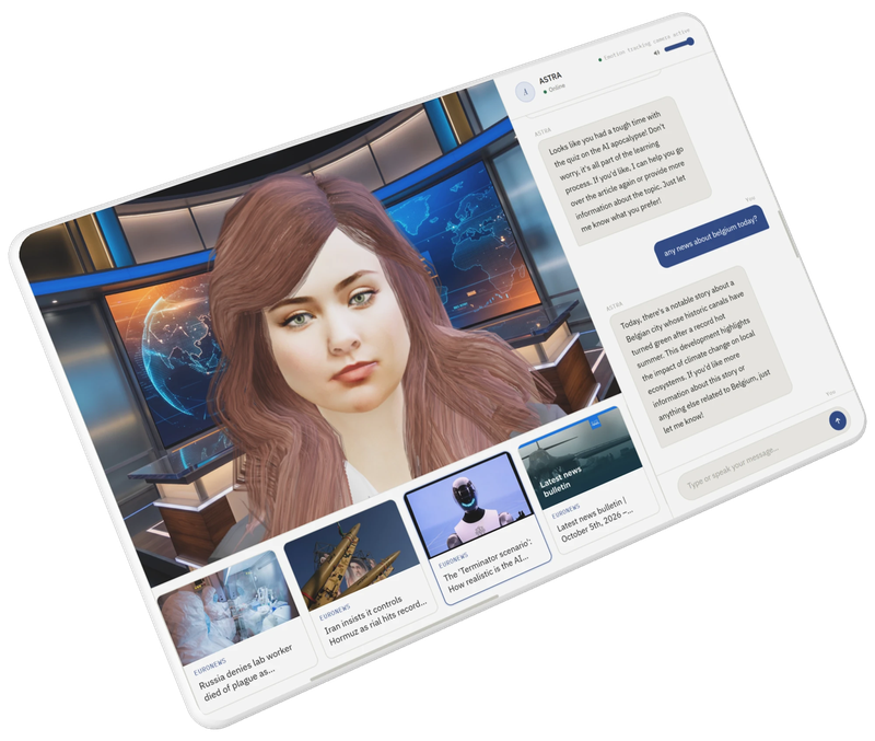 The ASTRA participant view on a tablet: an AI presenter in a news studio beside the chat, with the news stories it draws on along the bottom.