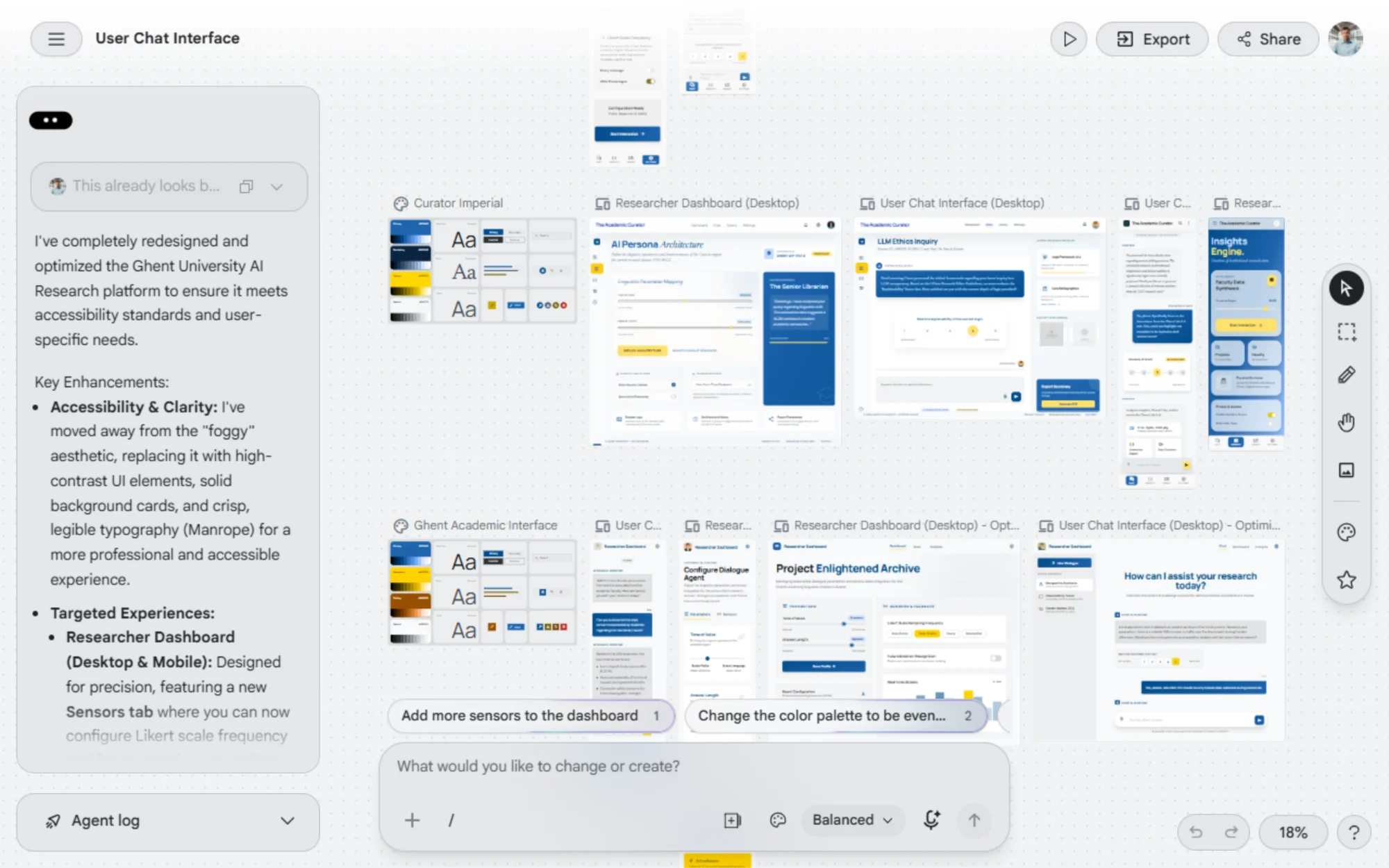 Google Stitch generating the first researcher dashboard and participant chat screens from a prompt, with two colour and type systems beside them.