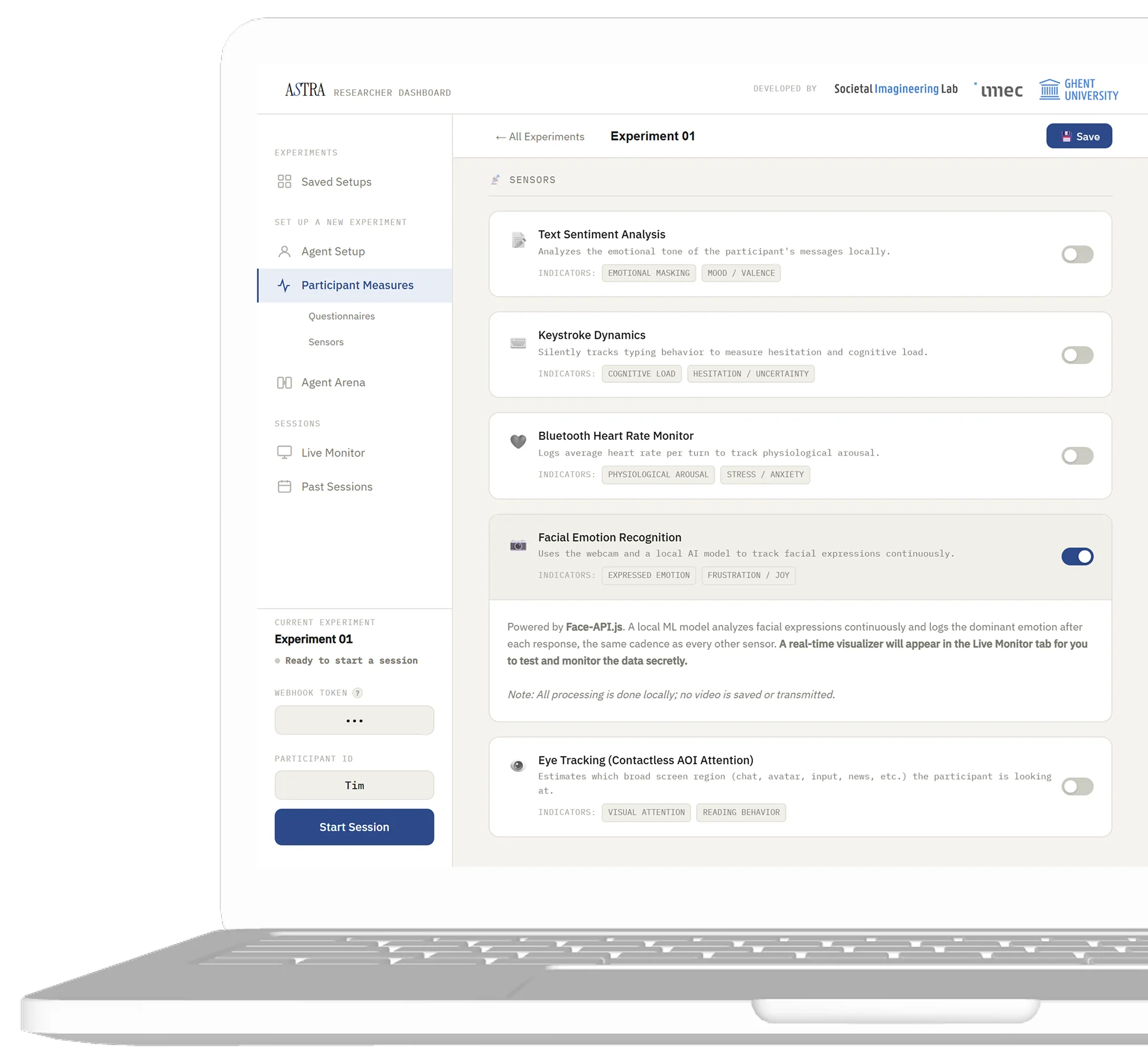 The Participant Measures page: switches for text sentiment analysis, keystroke dynamics, a heart rate monitor, facial emotion recognition and eye tracking, each with the indicators it records.