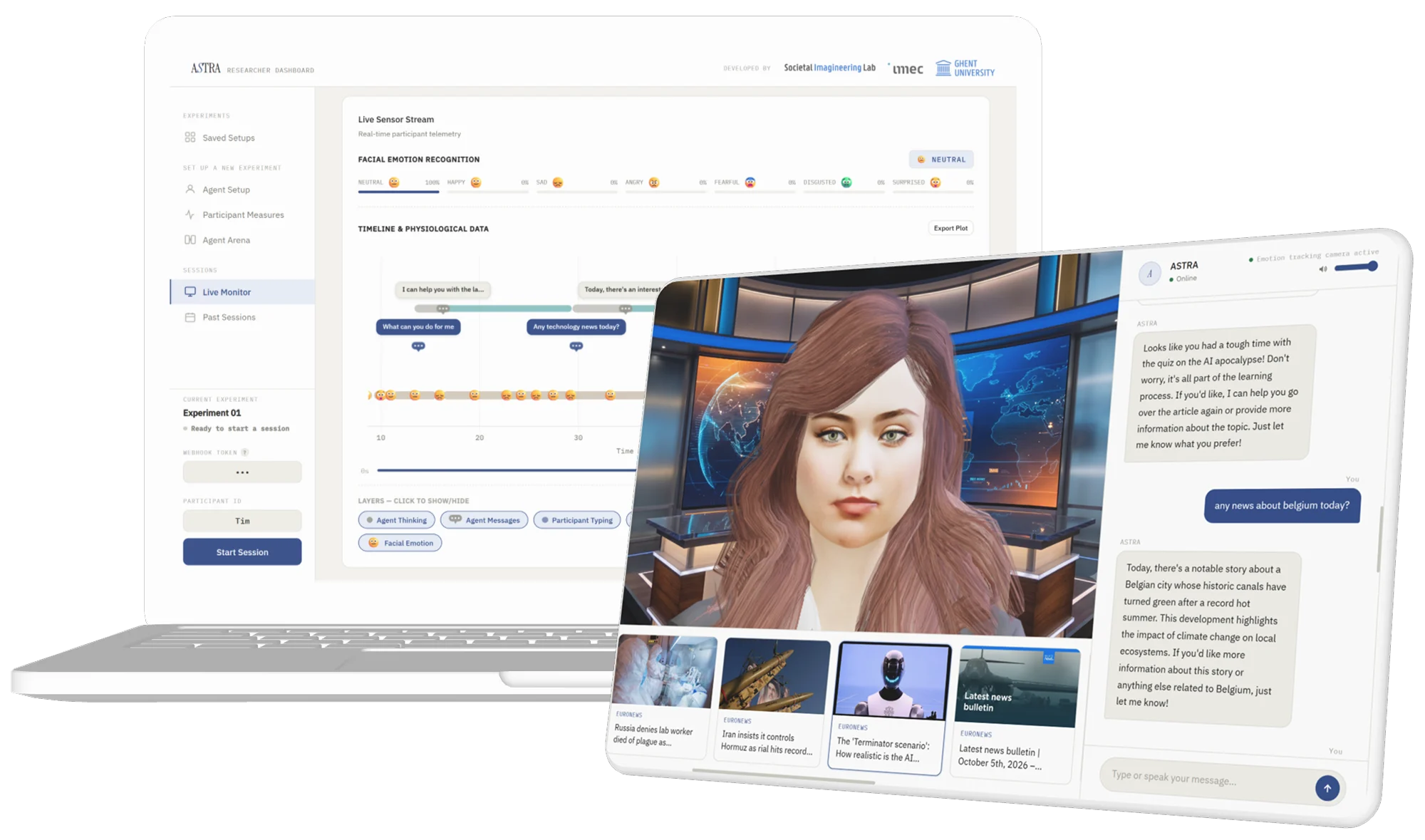 ASTRA on two devices: the researcher's live monitor on a laptop, and the participant's tablet with the avatar presenting the news beside the chat.