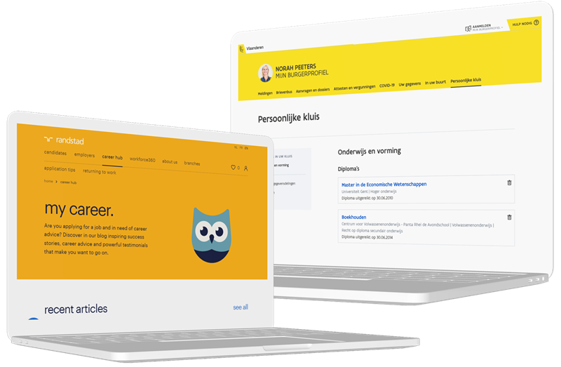 The Flemish government's citizen profile, showing the diplomas held in someone's personal vault, next to the Randstad career site they would be shared with.