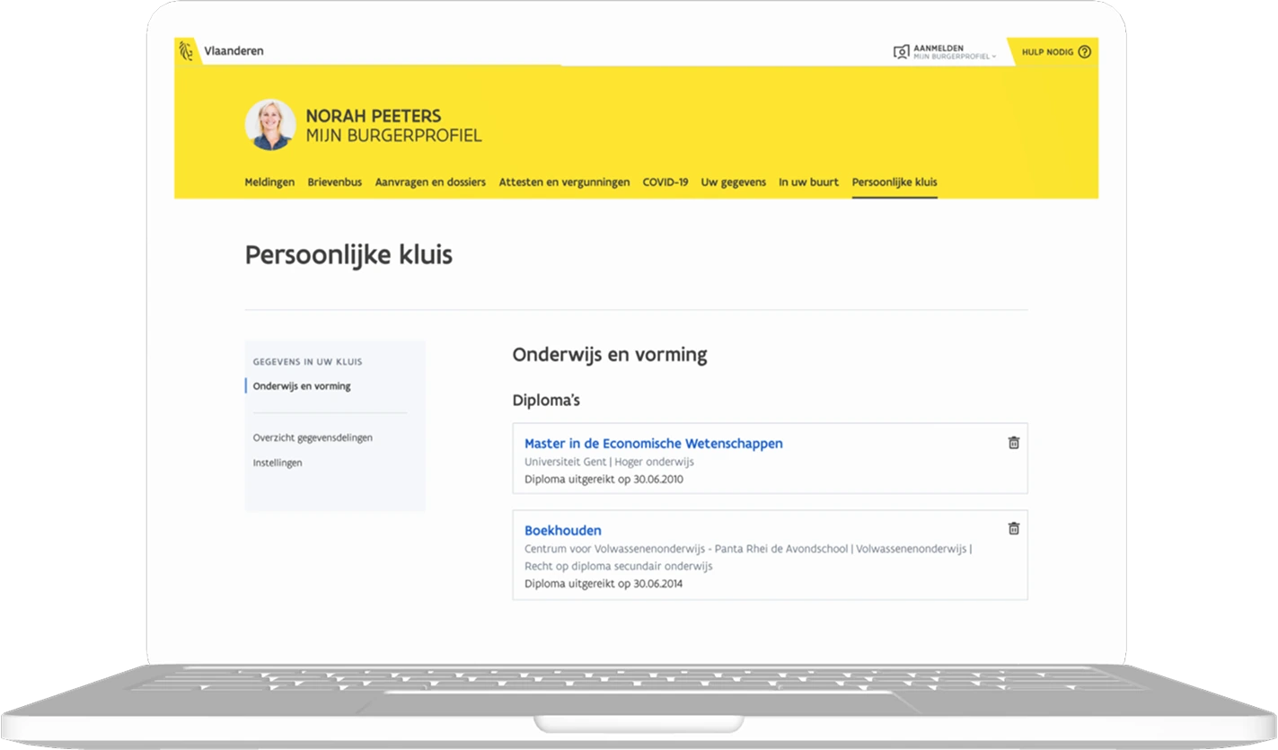 My Citizen Profile on a laptop, open on the personal vault, listing the two diplomas it holds and where each was awarded.