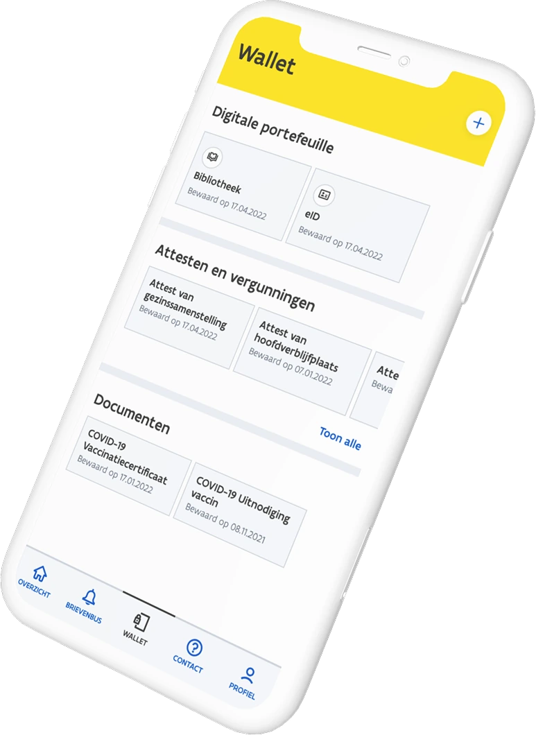 The My Citizen Profile app on a phone, its wallet holding a library card, an eID, household certificates and vaccination documents.