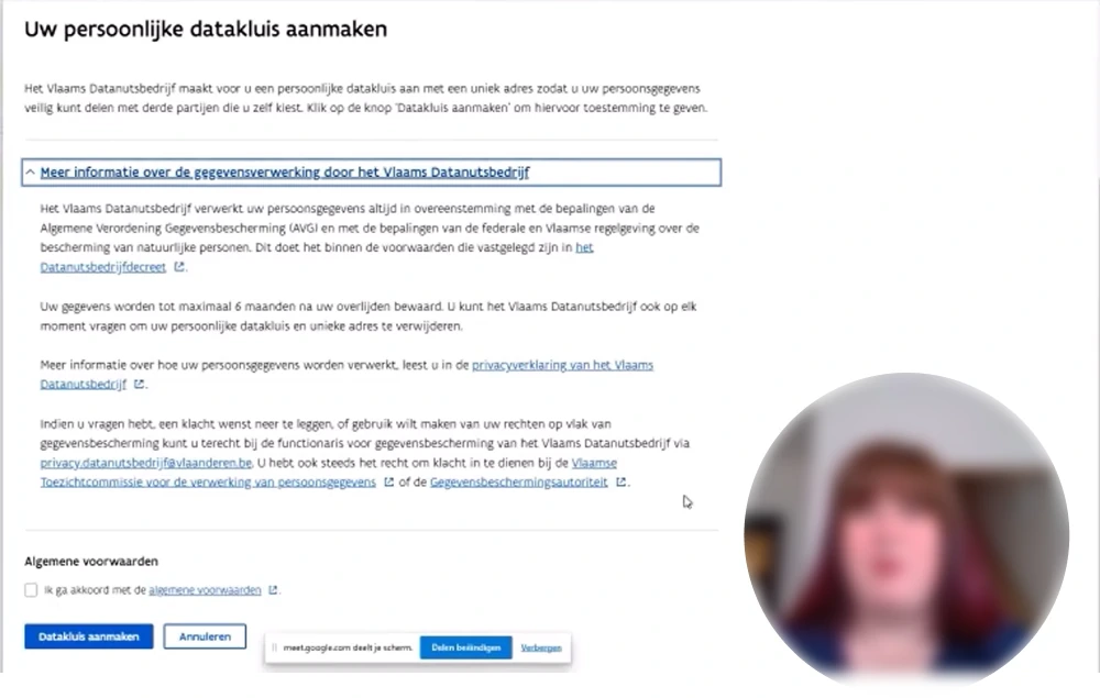 The consent screen for creating a personal data vault, with the processing terms to agree to before it is made.