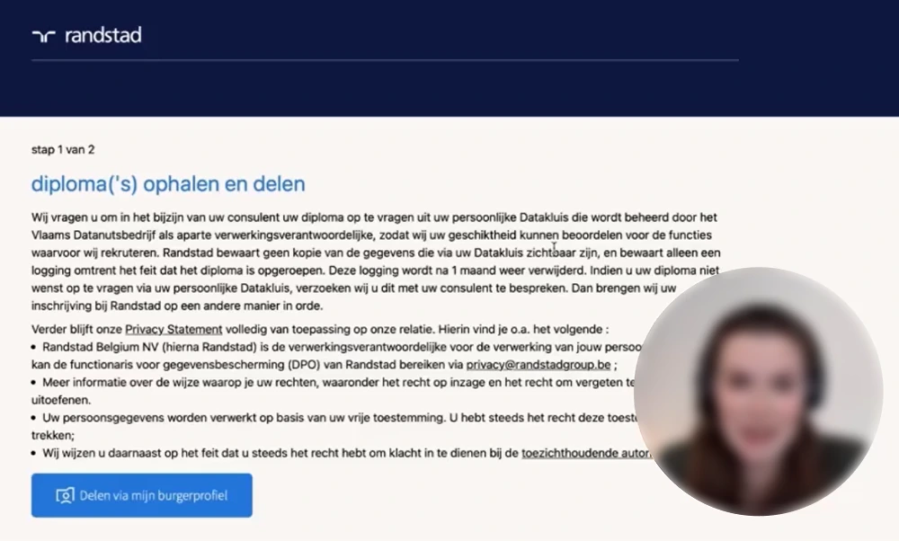 Randstad's own page asking a candidate to fetch and share their diplomas from their personal data vault.