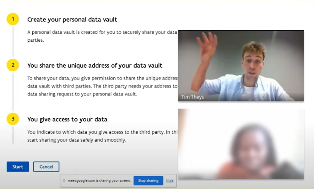 A session on screen share: the three-step explanation of a personal data vault, with Tim Theys moderating on camera and the participant's camera blurred beside him.