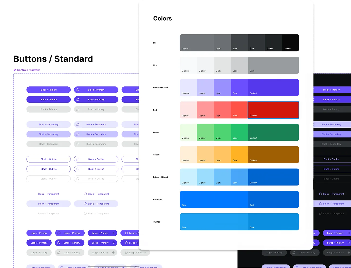 The design system behind the first prototype: standard button variants and a colour palette of ink, sky, brand, red, green, yellow and blue ramps.