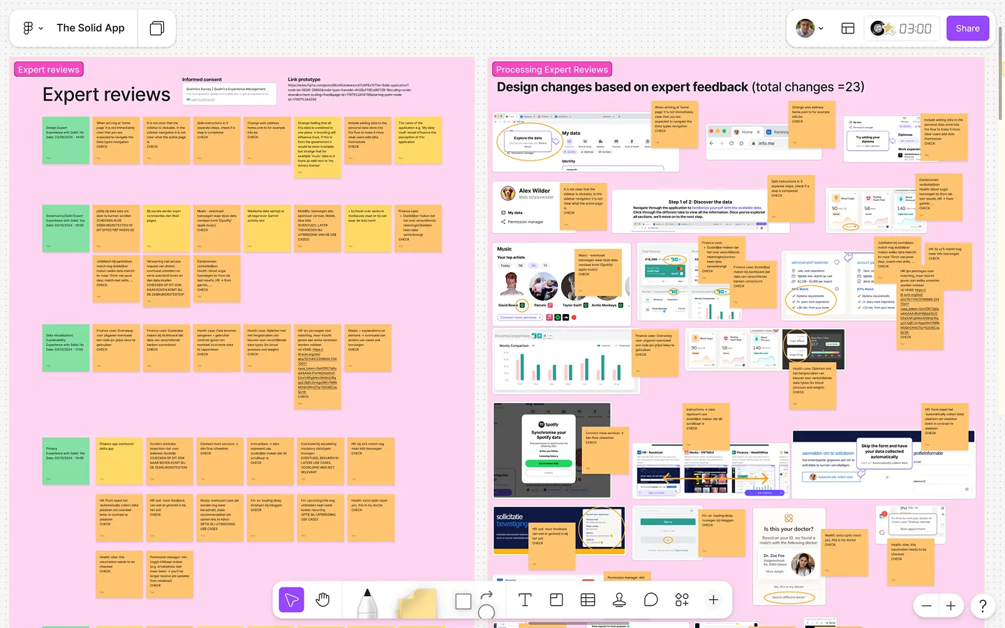 The expert review board in FigJam: sticky notes per expert on the left, and on the right the 23 design changes made in response, each pinned to the screen it changed.
