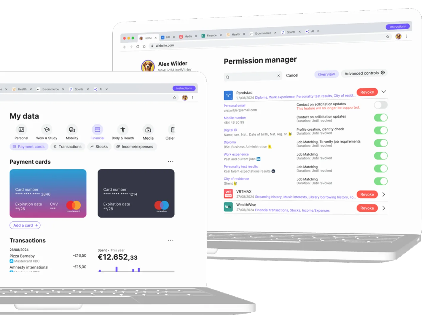 The personal data store: My data with payment cards and transactions, and the permission manager listing Randstad, VRT MAX and WealthWise with a switch per purpose.