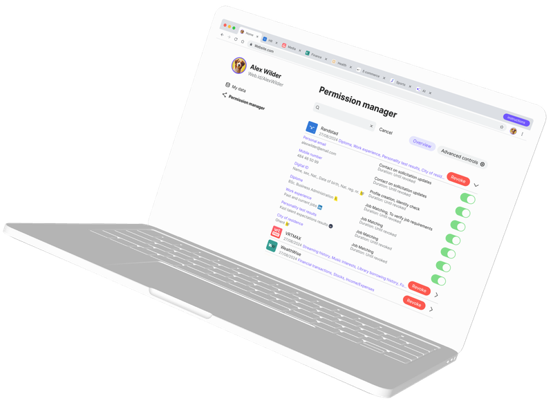A laptop showing the permission manager: the organisations holding one person's data, each listed with the details it may use, a switch per purpose and a button to revoke it.