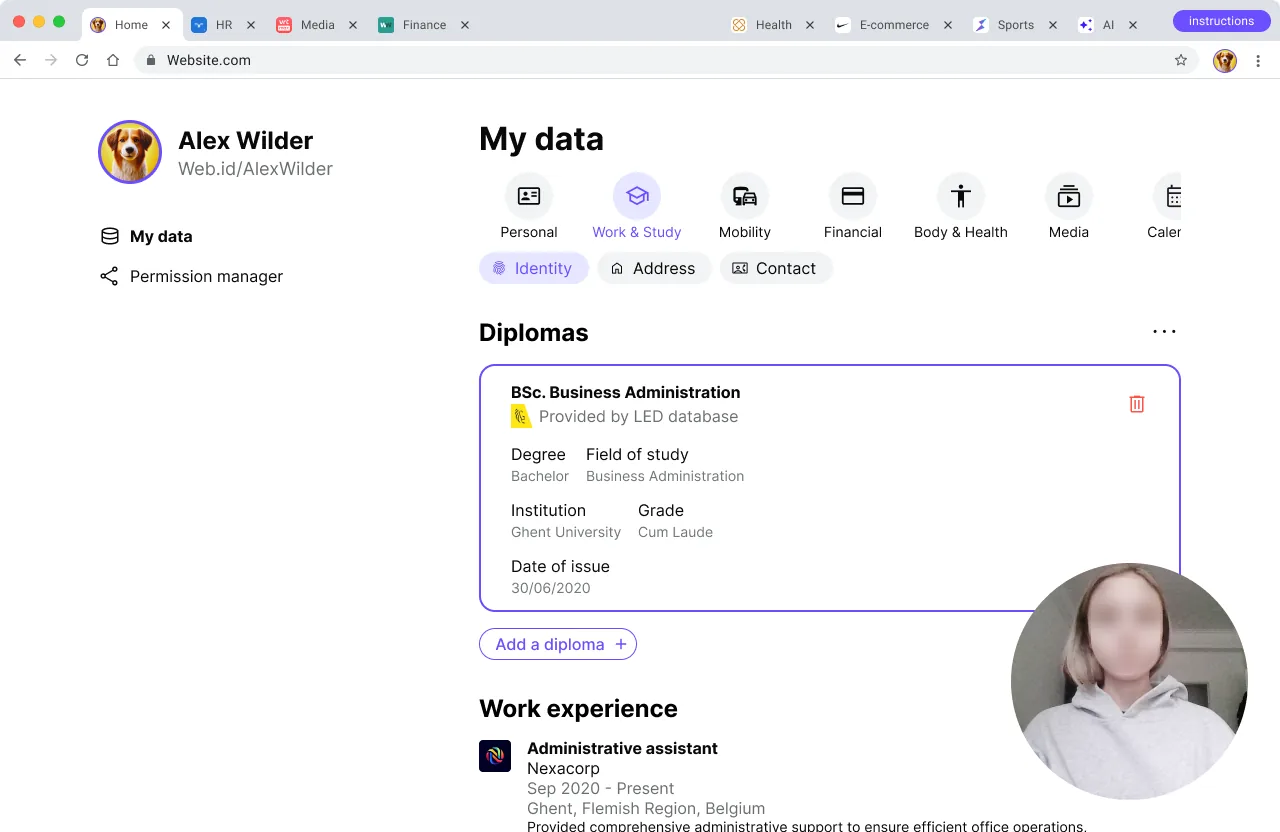 A remote session: a participant, blurred for privacy, walks through Alex Wilder's diplomas in the personal data store while thinking aloud.