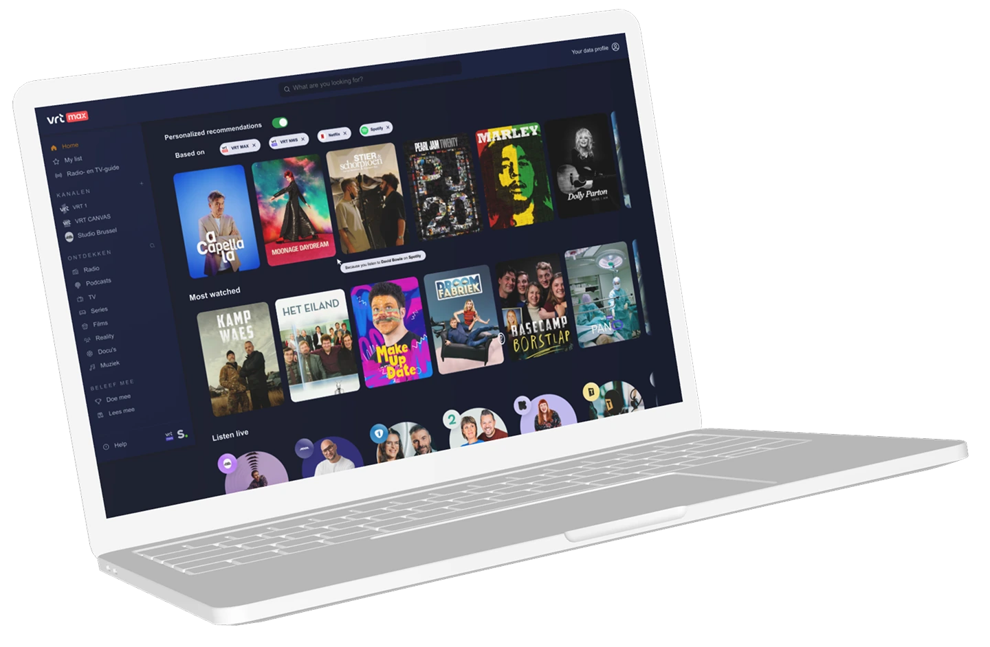 The VRT MAX streaming homepage on a laptop, its recommendation rows built from the linked services.