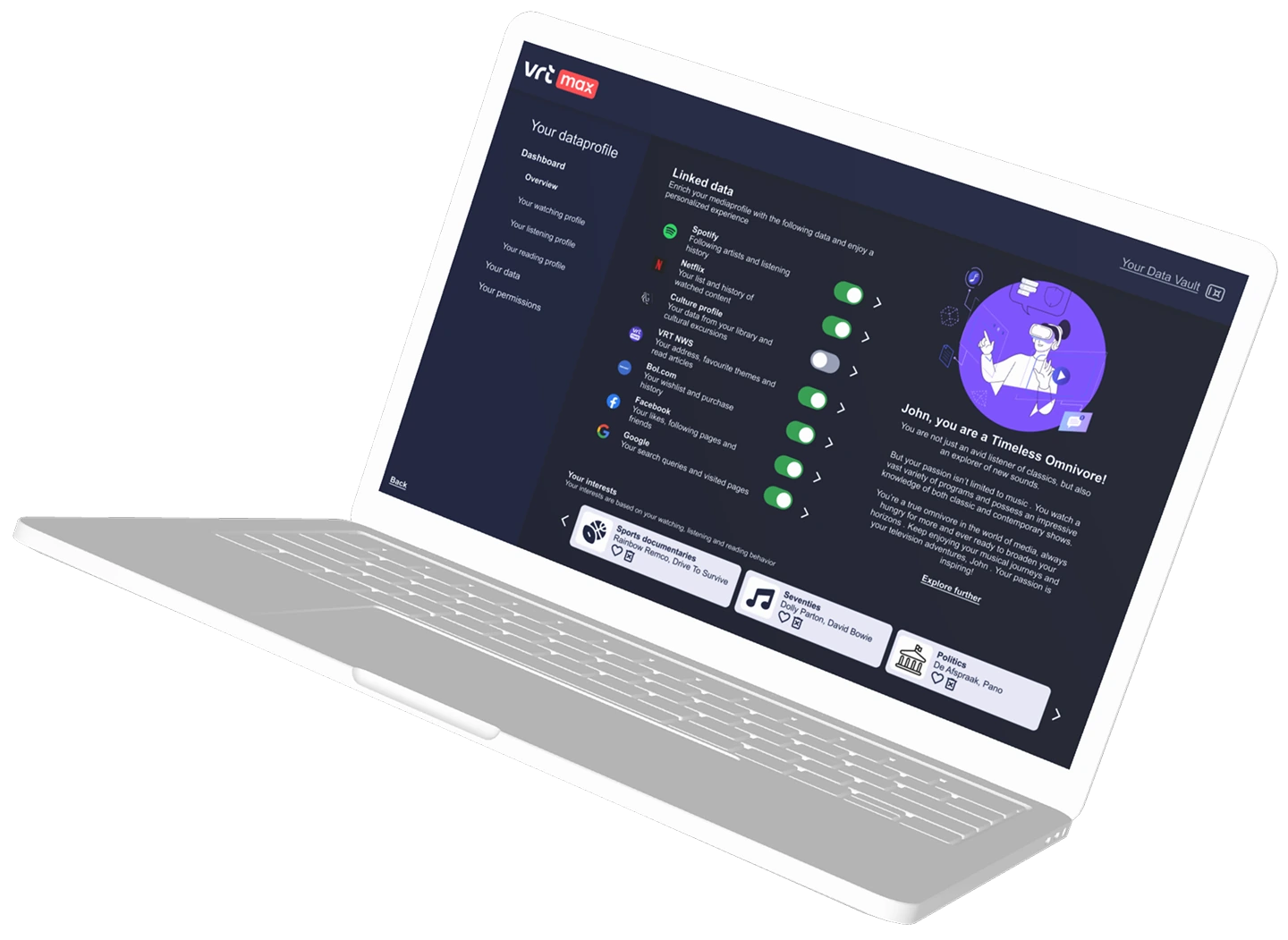 The data profile on a second laptop, listing the linked services with their switches and the interests derived from them.